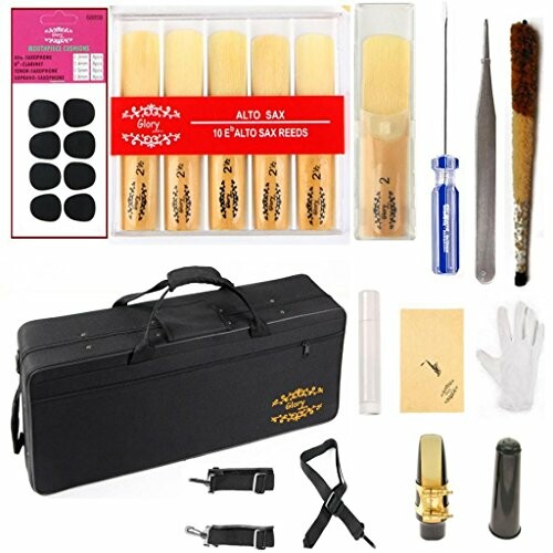 Alto saxophone accessory kit including reeds, case, screwdriver, and cleaning tools.