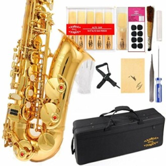 Alto saxophone with case and accessories including reeds and tools.