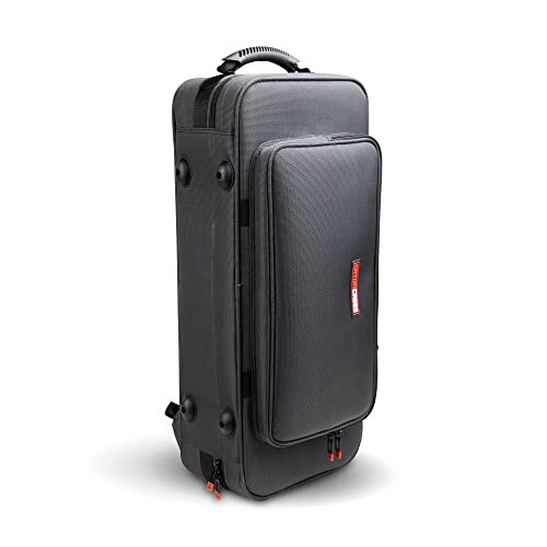 Black rolling camera bag with multiple compartments