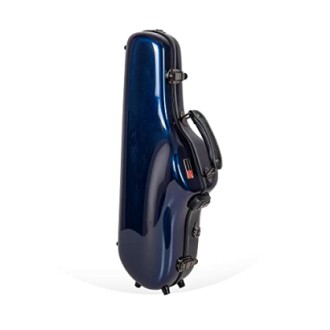 Blue cello case standing upright