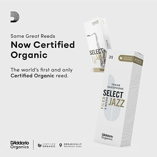 Advertisement for D'Addario's certified organic saxophone reeds.