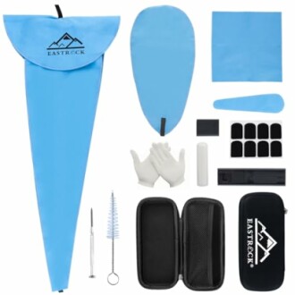 Clarinet cleaning kit with accessories including gloves, cloths, and case.