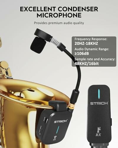 Condenser microphone with saxophone, featuring frequency response and specs.