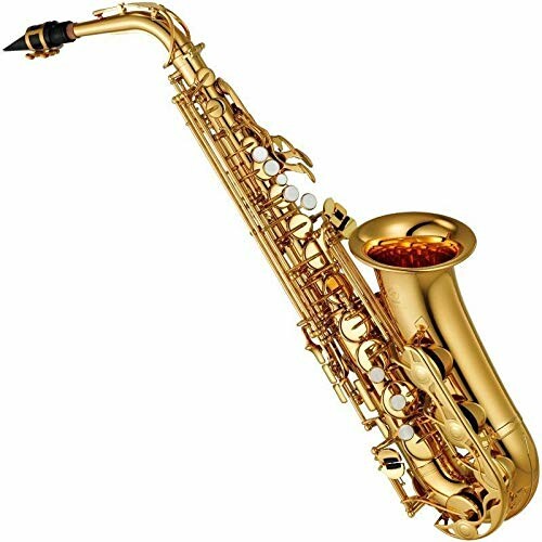 A golden alto saxophone on a white background.