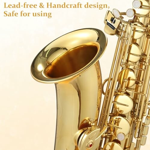 Closeup of a golden saxophone with text about lead-free and handcraft design.