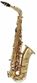 A golden saxophone on a white background.