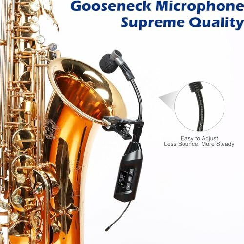 Gooseneck microphone attached to a saxophone with text about supreme quality.