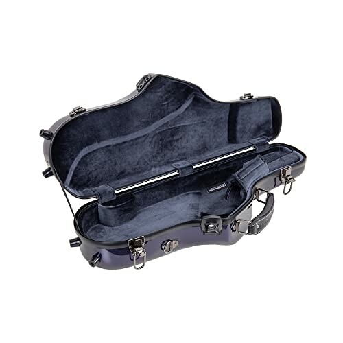 Open black violin case with blue interior