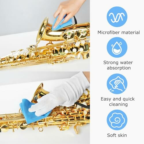 Saxophone cleaning with microfiber cloth, showing features like water absorption and easy cleaning.