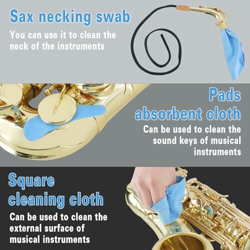 Saxophone cleaning tools including necking swab, absorbent cloth pads, and square cleaning cloth.