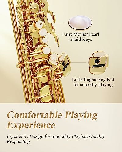 Detailed view of saxophone with faux mother of pearl inlaid keys and little finger key pad.