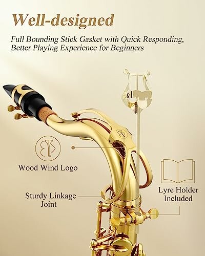 Detailed view of a saxophone's features with annotations for wood wind logo and lyre holder.