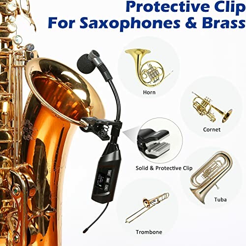 Microphone clip for saxophones and brass instruments with images of horn, cornet, tuba, and trombone.