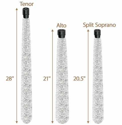 Three saxophone neck cleaning brushes of varying sizes labeled Tenor, Alto, and Split Soprano.