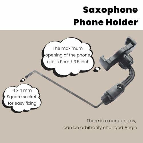 Saxophone phone holder with adjustable clip and cardan axis.