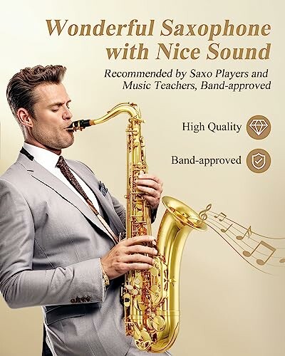 Man playing saxophone in promotional image for high-quality band-approved instrument.