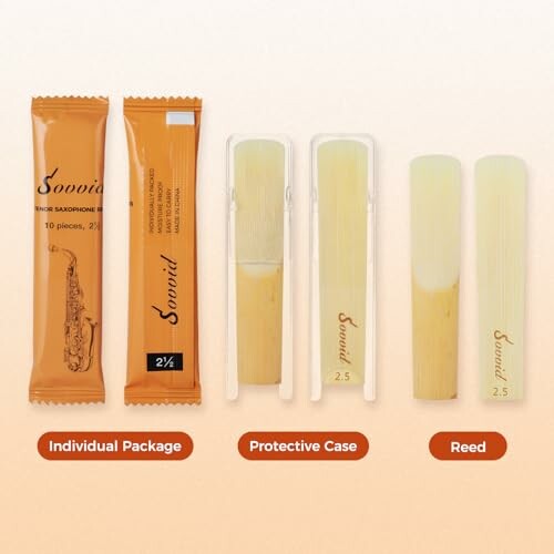 Saxophone reeds with individual packaging and protective cases.