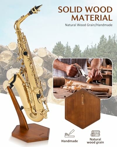 Saxophone with solid wood stand, highlighting handmade craftsmanship and natural wood grain.