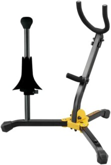 Black saxophone stand with yellow accents