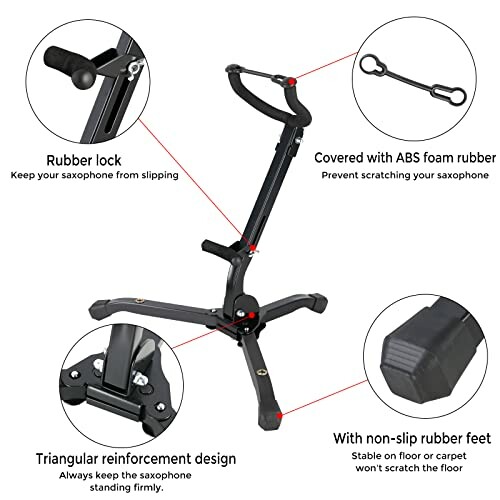 Saxophone stand with rubber lock, ABS foam rubber, non-slip feet, and triangular design