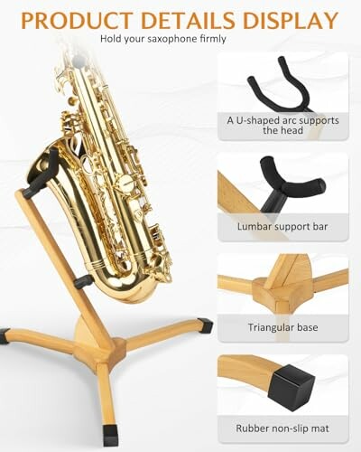 Saxophone stand with U-shaped head support, lumbar support bar, triangular base, and rubber non-slip mat.