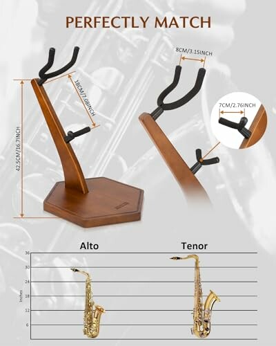 Saxophone stand with dimensions for alto and tenor saxophones.