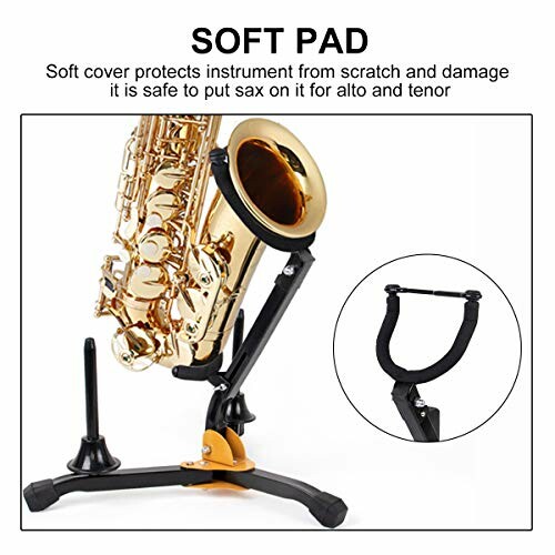 Saxophone stand with soft pad for instrument protection.