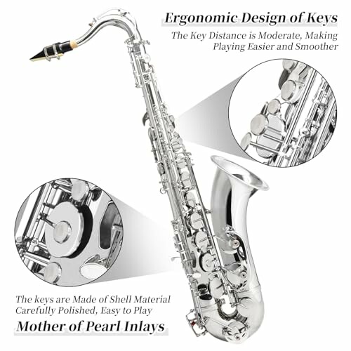 Silver saxophone with ergonomic key design and mother of pearl inlays.