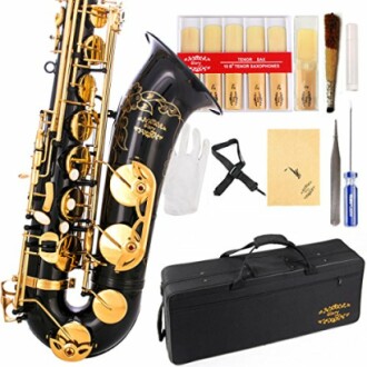 Tenor saxophone with accessories including reeds, cleaning tools, and a carrying case.