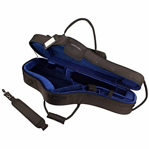 Open violin case with blue interior and shoulder strap.