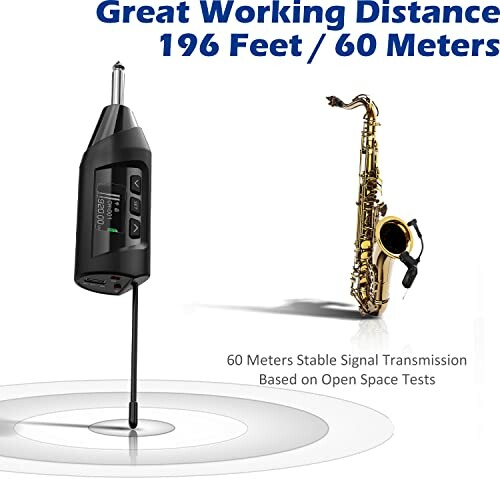 Wireless microphone with saxophone and text about great working distance.