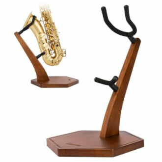 Wooden saxophone stand with a saxophone.