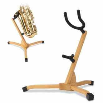 Wooden saxophone stand with saxophone